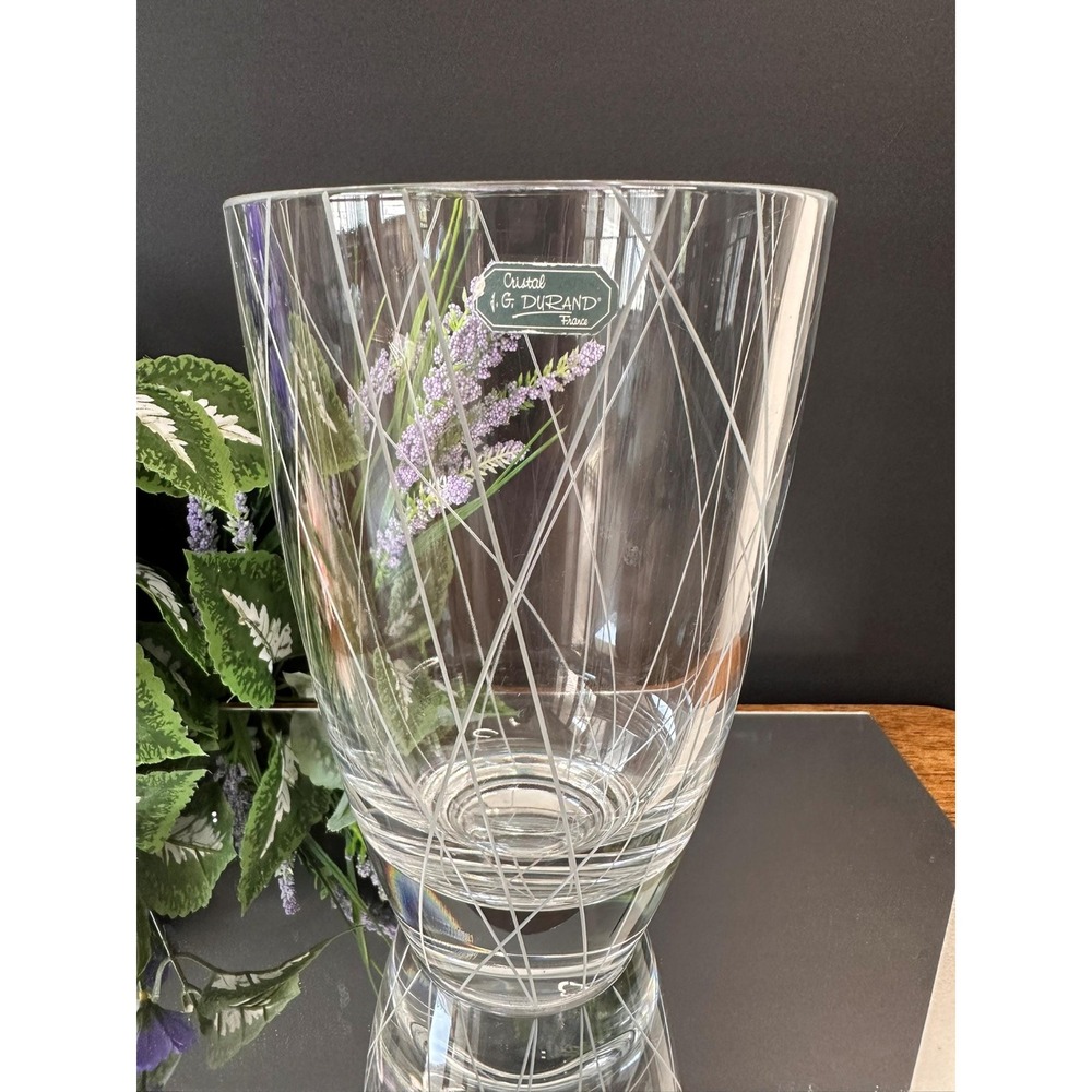 Cristal J.G. Durand France Cut Crystal Vase Criss-Cross Etched Design Clear Glas